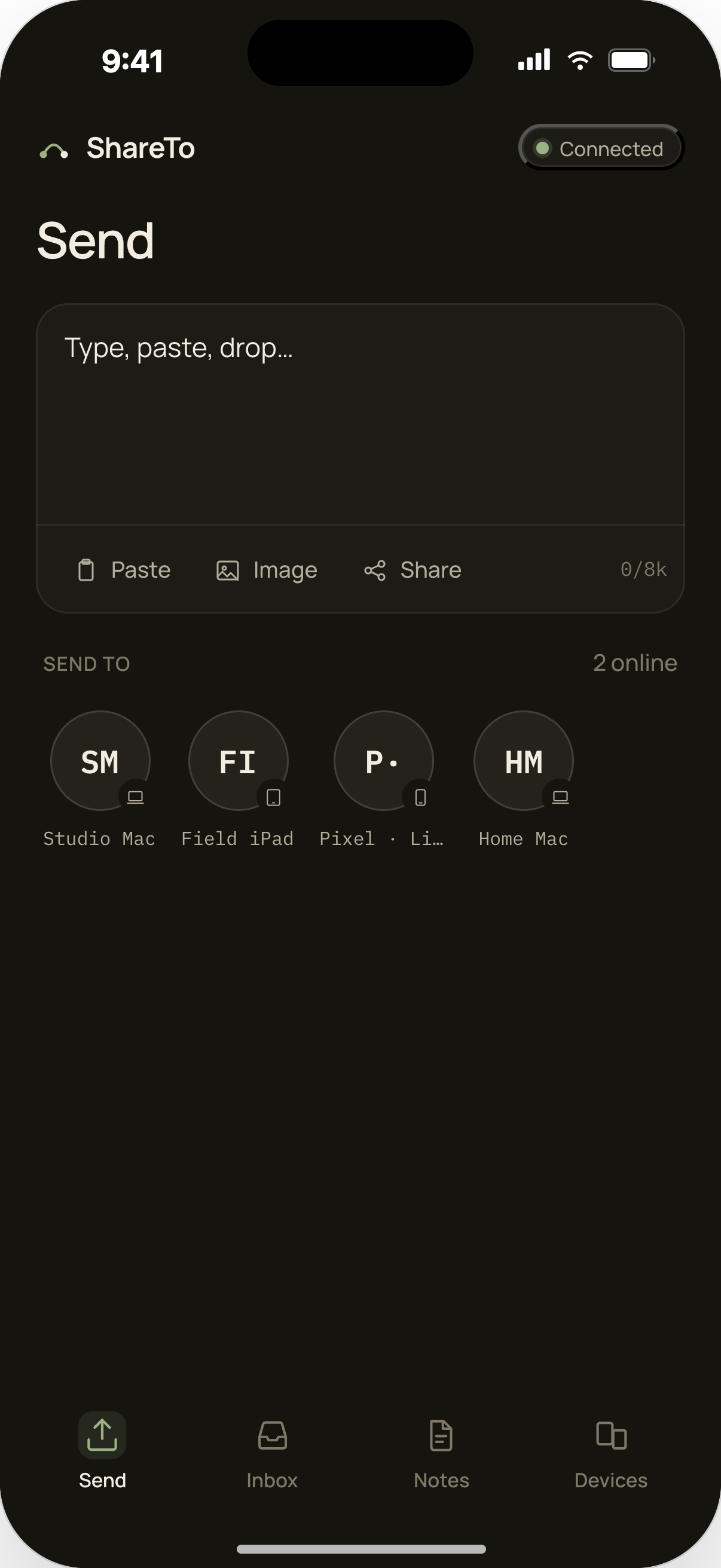 ShareTo's Send screen, where you pick files and tap a paired device to share them directly from iPhone to Android.